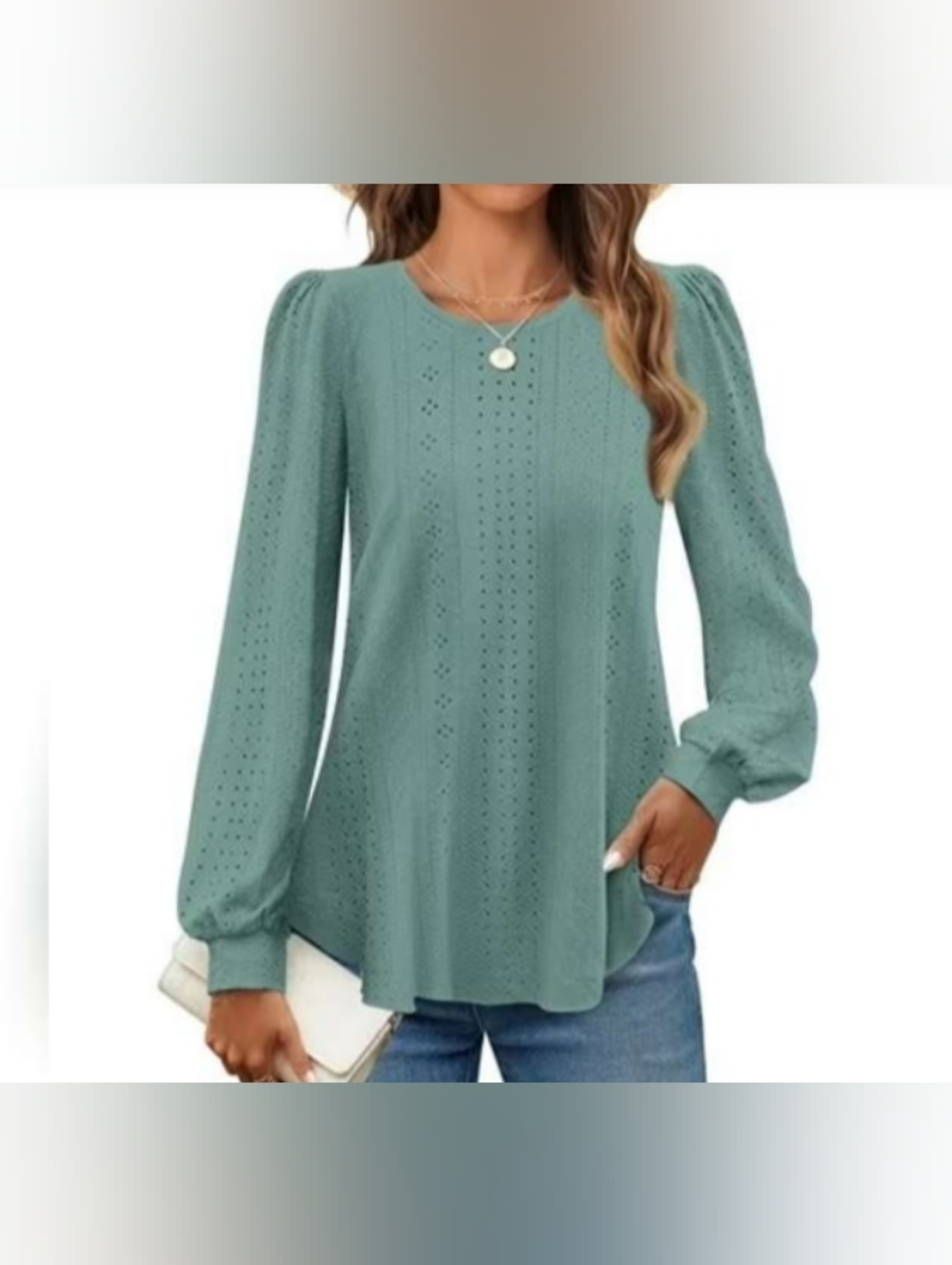 Fantaslook Women's Eyelet Blouse Dressy Casual Long Sleeve Shirts Crew Neck Larg